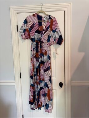 NWT cooper & ella Geometric Print Maxi Swim cover up Dress in Pink, Navy & Brown